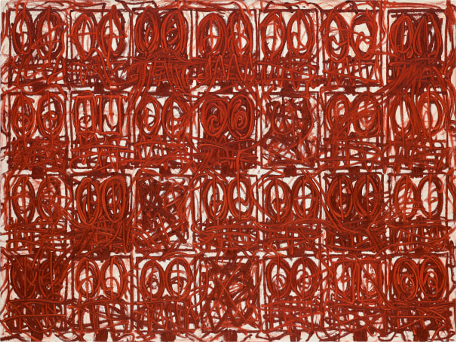 Anxiety by Rashid Johnson, a field of urgent red faces drawn with looping gestures