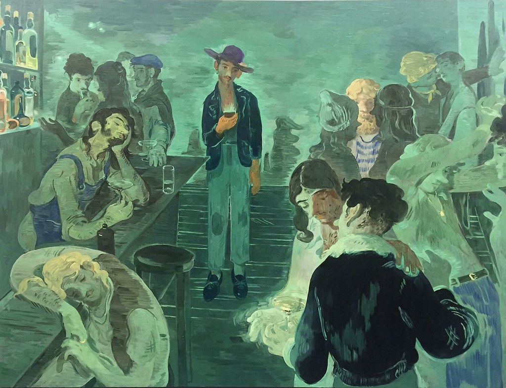 Bar Boy by Salman Toor, a green-lit bar scene with a solitary man looking at his phone