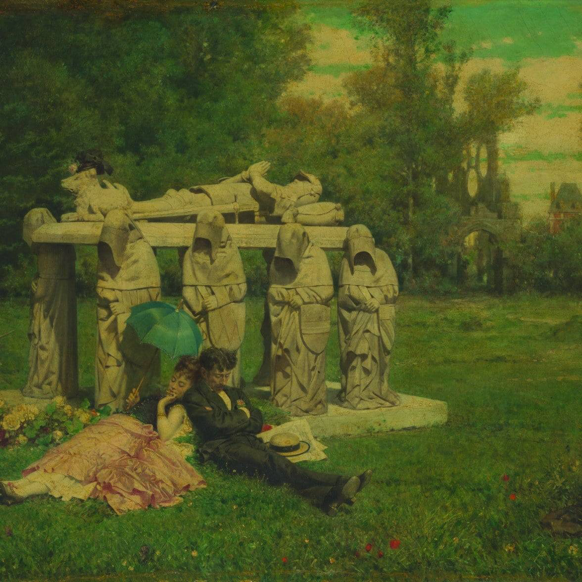In the Sun by Édouard de Beaumont, two people resting beside a sculpted stone monument