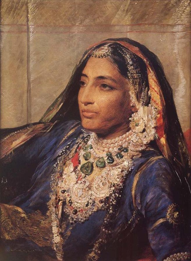 Jind Kaur by George Richmond, a portrait of the Maharani wearing pearls and a dark veil