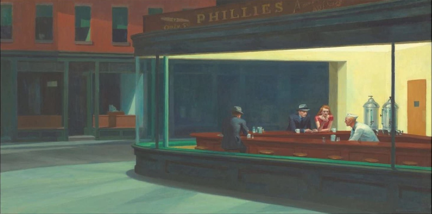 Nighthawks by Edward Hopper, four people in a brightly lit late-night diner