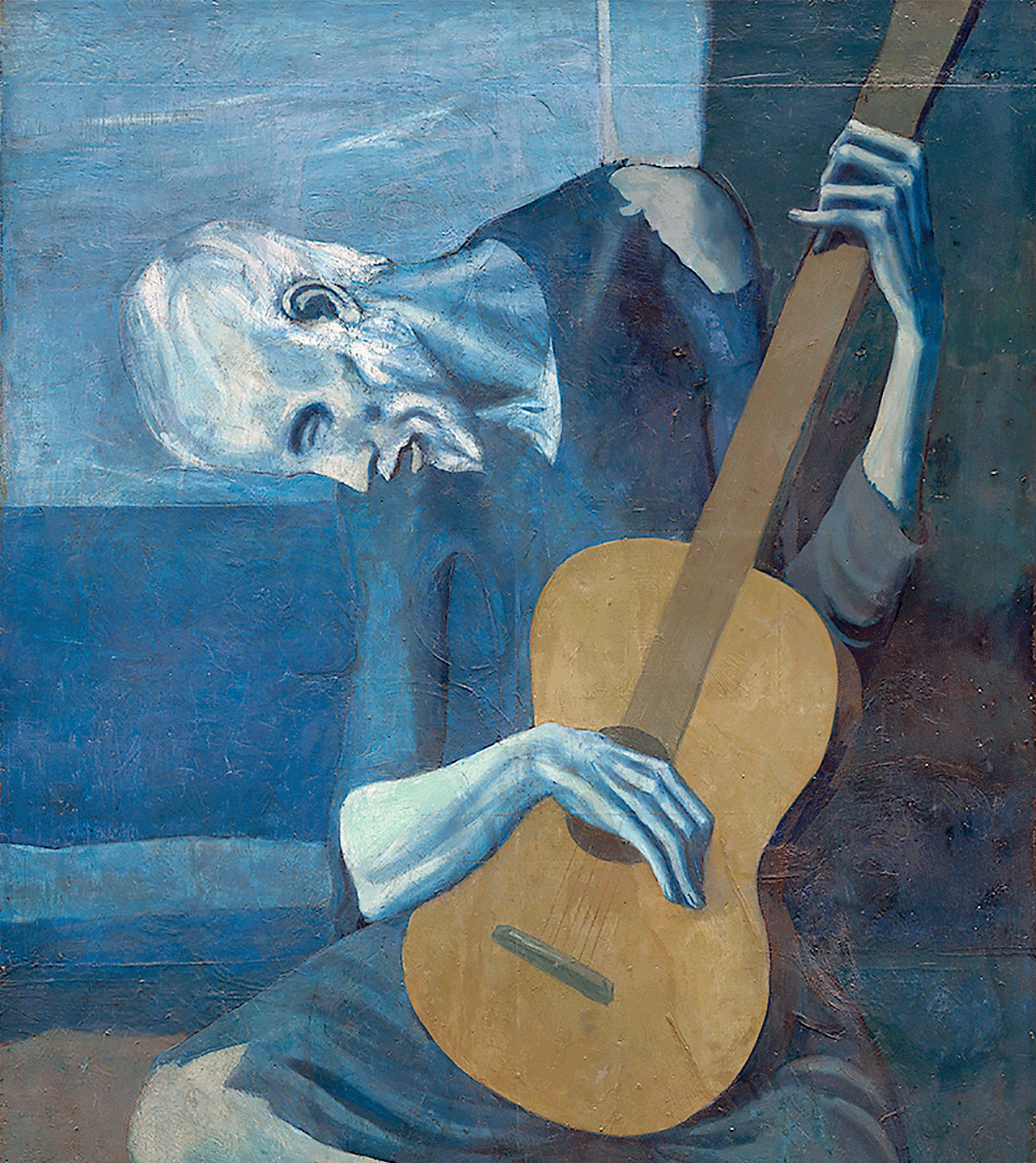 The Old Guitarist by Pablo Picasso, an elderly seated musician rendered in blue