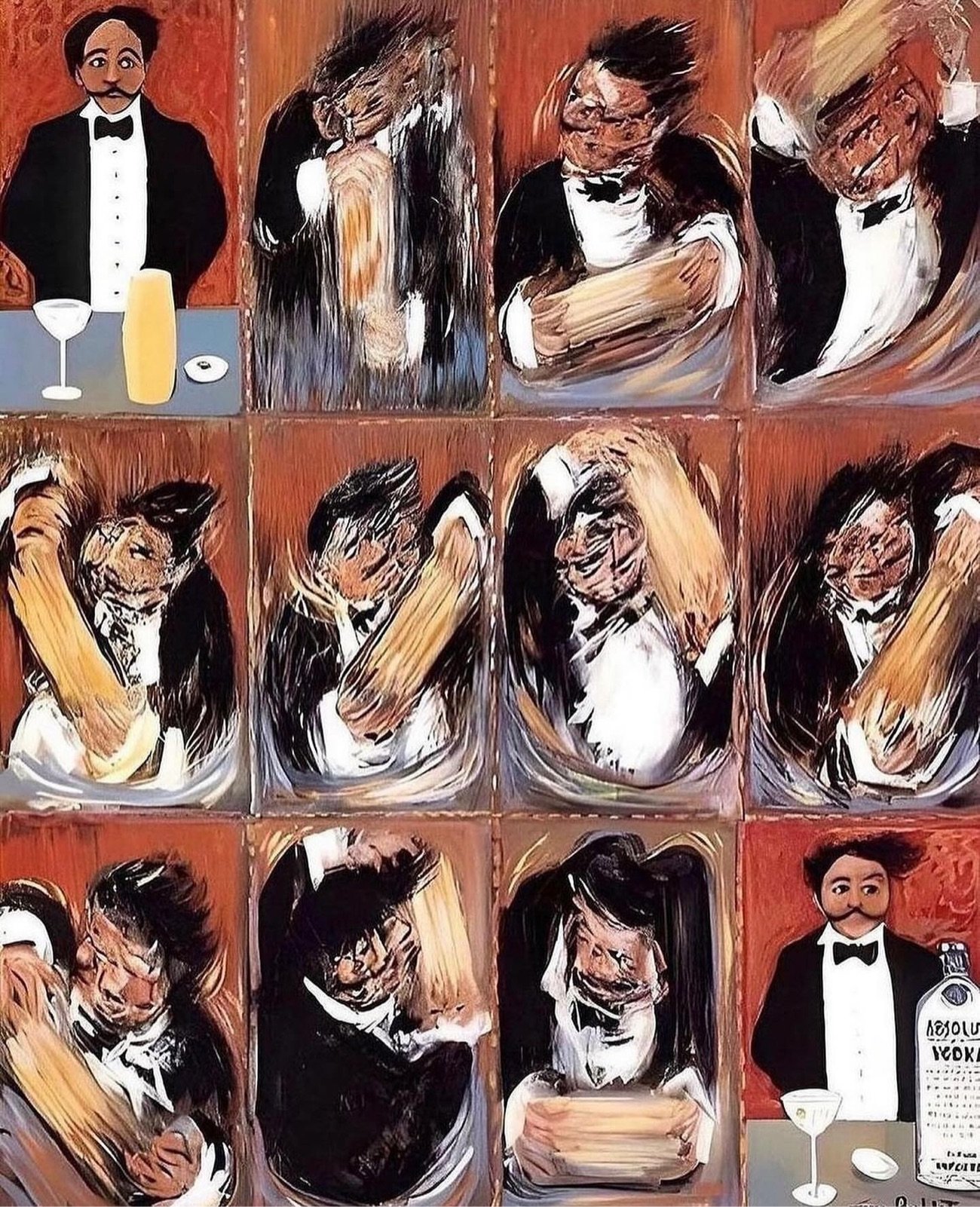 The Making of the Perfect Martini by Guy Buffet, an illustrated sequence showing a bartender preparing a martini