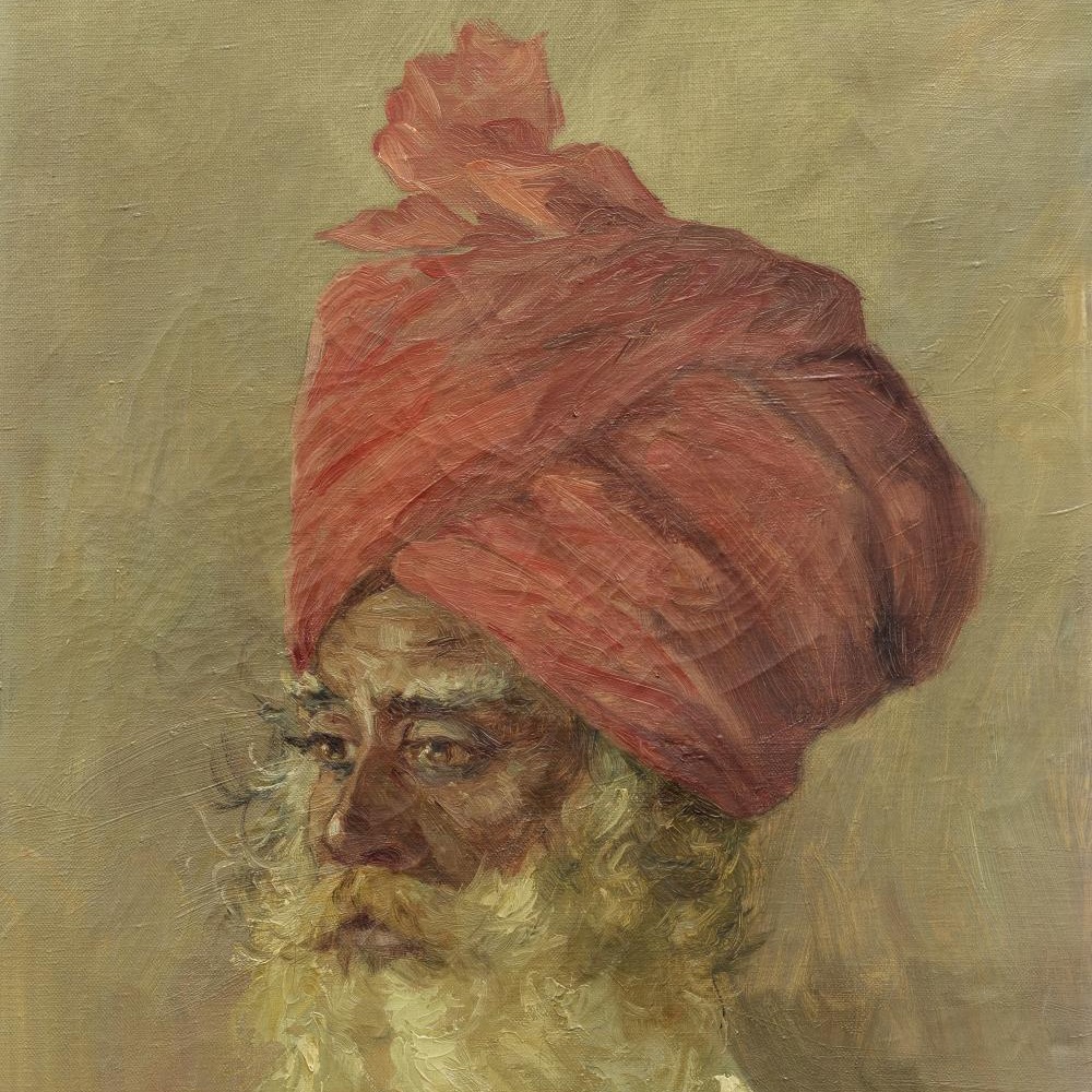 Sikh Man in Turban by Hugo Vilfred Pedersen, a full-length portrait of a Sikh man wearing a red turban