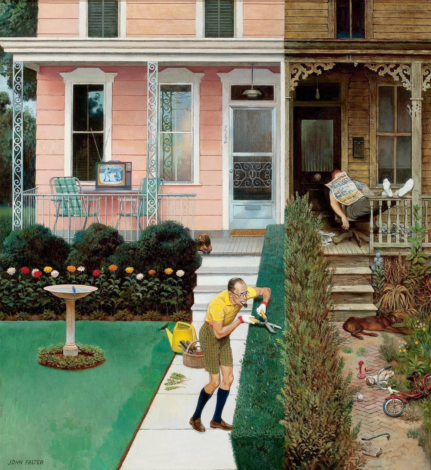 Sunday Gardening by John Philip Falter, a neighborhood scene of people tending their gardens