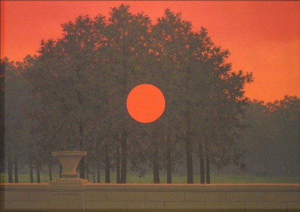 The Banquet by René Magritte, a red sun centered over a tree in a dark landscape