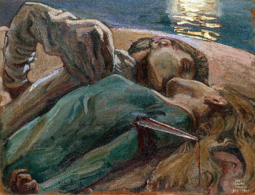 The Lovers by Akseli Gallen-Kallela, a reclining couple embracing in a wooded landscape