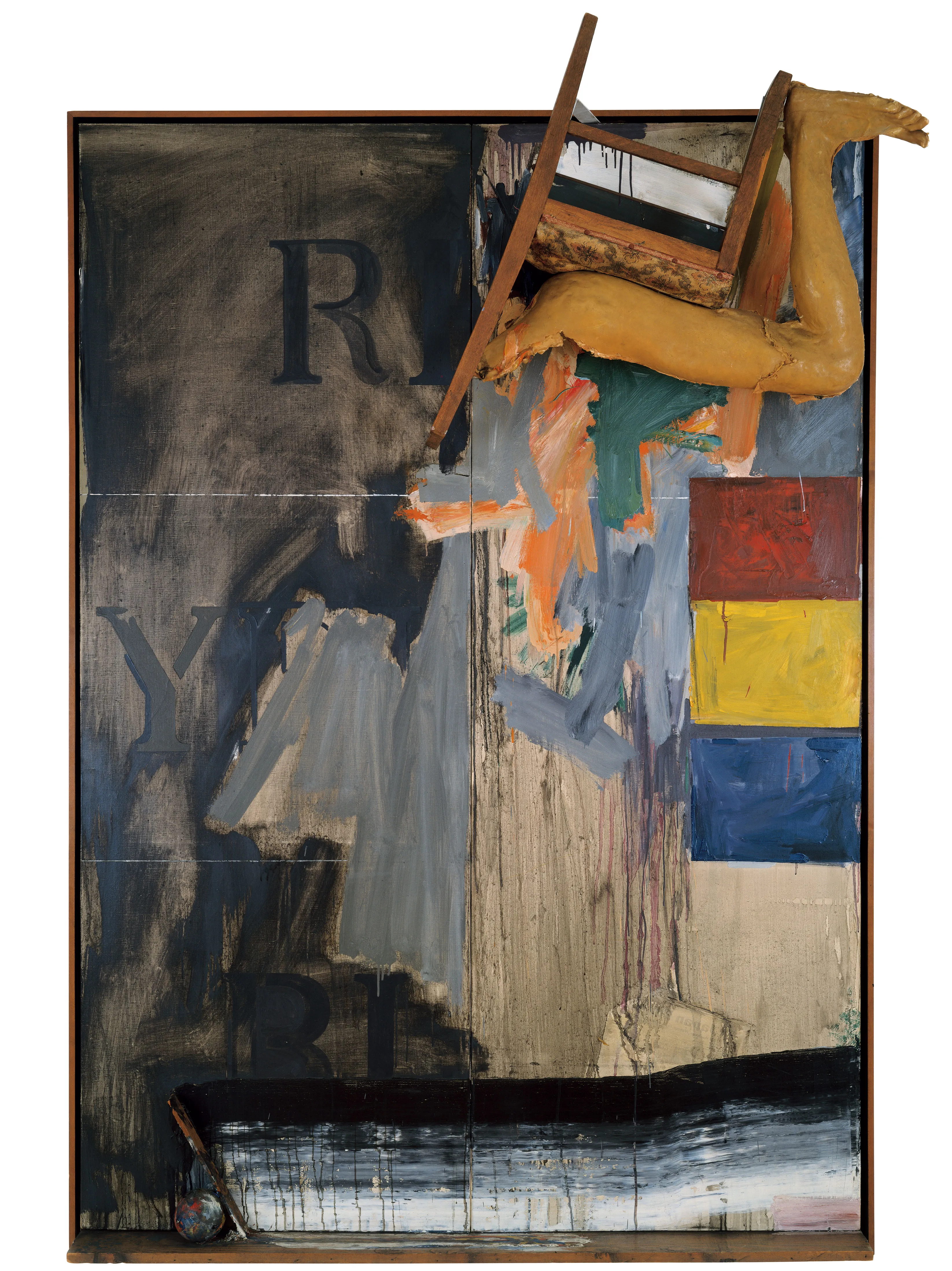 Watchman by Jasper Johns, a two-panel painting with a cast leg, part of a chair, and expressive marks